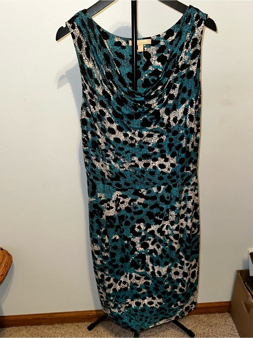Banana Republic Teal & Black Cheetah Print Cowl Neck Dress L